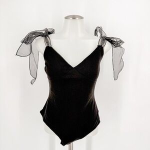 Le Lis Elegant Black Bodysuit with Sheer Bow Straps